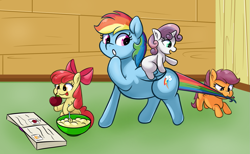 Size: 1247x767 | Tagged: safe, artist:scootieloo, imported from derpibooru, apple bloom, rainbow dash, scootaloo, sweetie belle, earth pony, pegasus, pony, unicorn, apple, babysitting, blank flank, book, bowl, cutie mark crusaders, female, filly, foal, food, herbivore, mare, ponies riding ponies, pulling, riding, sweetie belle riding rainbow dash, tail, tail pull, tongue out