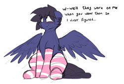 Size: 964x656 | Tagged: safe, artist:anonymous, imported from derpibooru, oc, oc only, oc:fenris ebonyglow, pegasus, pony, blushing, clothes, male, simple background, sketch, socks, solo, spread wings, stallion, striped socks, white background, wings