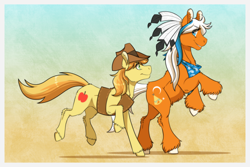 Size: 1772x1181 | Tagged: safe, artist:inuhoshi-to-darkpen, imported from derpibooru, braeburn, wigwam, earth pony, pony, brother, commission, cowboy hat, duo, duo male, ear fluff, eye clipping through hair, eyebrows, eyebrows visible through hair, grin, hat, leg fluff, male, smiling, stallion