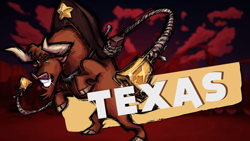 Size: 1262x710 | Tagged: safe, imported from derpibooru, bull, cow, them's fightin' herds, announcement, bell, cloven hooves, community related, cowbell, grin, horns, male, official, rope, smiling, solo, sparkles, texas (tfh), yoke