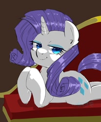 Size: 993x1200 | Tagged: safe, artist:yukkuri_yu_yu, imported from derpibooru, rarity, pony, unicorn, couch, fainting couch, female, hooves together, horn, looking at you, lying down, mare, prone, simple background, solo