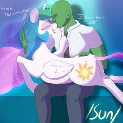 Size: 3000x3000 | Tagged: safe, artist:enonnnymous, imported from derpibooru, princess celestia, oc, oc:anon, alicorn, human, pony, series:anon loves celestia, /sun/, belly, blushing, butt, butt touch, clothes, cute, cutelestia, daaaaaaaaaaaw, dialogue, dock, female, hand on butt, heart, holding a pony, kissing, love, mare, nose kiss, nose wrinkle, plot, sunbutt, tail