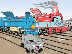 Size: 3600x2700 | Tagged: safe, artist:heart-of-a-dragoness, imported from derpibooru, gallus, ocellus, commission, freight car, inanimate tf, steam, steam engine, story included, train, trainified, transformation, truck, vehicle, waking up