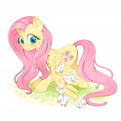 Size: 2358x2358 | Tagged: safe, artist:divlight, imported from derpibooru, fluttershy, bird, duck, pegasus, pony, cute, duckling, female, grass, kindness, looking at something, mare, shyabetes, simple background, solo, spread wings, white background, wings