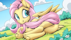 Size: 1920x1080 | Tagged: safe, artist:mysticalpha, imported from derpibooru, fluttershy, pegasus, pony, biting, butt, flutterbutt, folded wings, looking at you, looking back, looking back at you, lying down, nom, on side, outdoors, plot, prone, rear view, solo, tail, tail bite, underhoof, wings