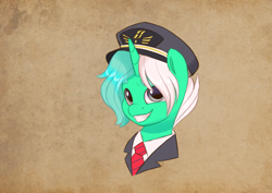 Size: 4961x3508 | Tagged: safe, artist:artharuhi, imported from derpibooru, oc, oc only, oc:colarus, pony, unicorn, bust, commission, hat, headshot commission, necktie, not lyra, simple background, smiling, solo