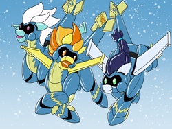 Size: 3600x2700 | Tagged: safe, artist:heart-of-a-dragoness, imported from derpibooru, fleetfoot, soarin', spitfire, pony, robot, robot pony, commission, glide, roboticization, rule 63, story included, trio, wonderbolts