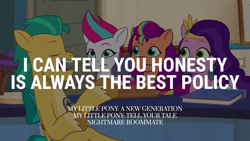 Size: 1920x1080 | Tagged: safe, edit, edited screencap, editor:quoterific, imported from derpibooru, screencap, hitch trailblazer, pipp petals, sunny starscout, zipp storm, earth pony, pegasus, pony, spoiler:g5, spoiler:my little pony: tell your tale, spoiler:tyts01e04, eyes closed, female, g5, male, mare, my little pony: tell your tale, nightmare roommate, open mouth, stallion, text