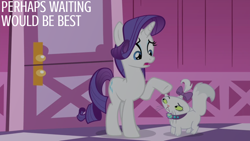 Size: 1920x1080 | Tagged: safe, edit, edited screencap, editor:quoterific, imported from derpibooru, screencap, opalescence, rarity, cat, pony, unicorn, for whom the sweetie belle toils, season 4, carousel boutique, duo, female, mare, open mouth, text