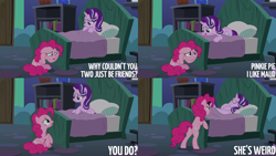 Size: 4400x2475 | Tagged: safe, edit, edited screencap, editor:quoterific, imported from derpibooru, screencap, pinkie pie, starlight glimmer, earth pony, pony, unicorn, rock solid friendship, season 7, bed, bipedal, blanket, crying, duo, duo female, eyes closed, female, floppy ears, mare, open mouth, open smile, pillow, smiling, text
