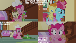 Size: 4400x2475 | Tagged: safe, edit, edited screencap, editor:quoterific, imported from derpibooru, screencap, cup cake, gummy, pinkie pie, pound cake, pumpkin cake, alligator, earth pony, pegasus, pony, unicorn, season 5, the one where pinkie pie knows, ^^, baby, baby pony, cake twins, colt, cute, diapinkes, eyes closed, female, filly, flying, foal, lip bite, male, mare, open mouth, open smile, siblings, smiling, spread wings, sugarcube corner, text, twins, wings