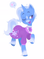 Size: 1535x2048 | Tagged: safe, artist:chaymomile, imported from derpibooru, trixie, pony, unicorn, clothes, coat markings, facial markings, female, mare, one eye closed, simple background, smiling, snip (coat marking), socks (coat markings), solo, standing on two hooves, star (coat marking), unshorn fetlocks, white background, wink