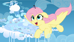 Size: 800x460 | Tagged: safe, artist:jhayarr23, imported from derpibooru, fluttershy, oc, pony, cloudsdale, cute, female, flying, giant pony, giantess, giantshy, macro, micro, shyabetes