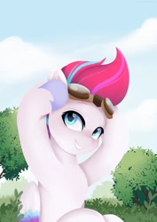 Size: 1086x1536 | Tagged: safe, artist:cottonaime, artist:maren, imported from derpibooru, zipp storm, pegasus, pony, collaboration, eyebrows, female, g5, goggles, grin, mare, smiling, solo