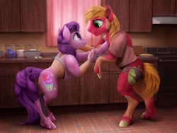 Size: 2000x1500 | Tagged: safe, artist:geoffrey mcdermott, imported from derpibooru, big macintosh, sugar belle, cabinet, duo, egg, female, human to pony, kitchen, male, stove, transformation