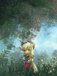 Size: 1620x2160 | Tagged: safe, artist:lendftcn, imported from derpibooru, applejack, earth pony, semi-anthro, :o, apple, applejack's hat, basket, clothes, cowboy hat, eye clipping through hair, female, film grain, food, grass, hat, hoof hold, looking at you, mare, open mouth, solo, tree