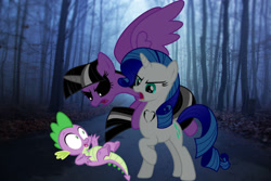 Size: 1024x683 | Tagged: safe, artist:waleedtariqmmd, imported from derpibooru, rarity, spike, twilight sparkle, alicorn, dragon, pony, unicorn, .exe, angry, black sclera, creepypasta, evil twilight, fanart, female, forest, heart, horn, lil miss rarity, male, mare, night, pinpoint eyes, rainbow.exe, raised hoof, shocked, spread wings, twilight sparkle (alicorn), wings, zalgo