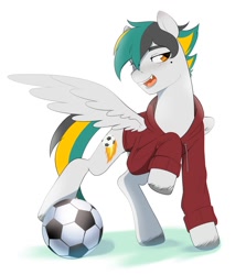 Size: 1068x1200 | Tagged: safe, artist:aztrial, imported from derpibooru, oc, oc only, pegasus, pony, clothes, football, hair over one eye, hoodie, lidded eyes, looking at you, simple background, solo, sports, spread wings, white background, wings
