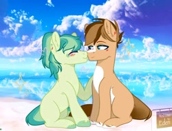 Size: 720x548 | Tagged: safe, artist:rigel wushu, imported from derpibooru, oc, oc only, oc:cooper pine, oc:matcha cream, earth pony, pony, beach, blushing, cloud, coat markings, duo, ear fluff, eyes closed, looking at someone, oc x oc, pale belly, shipping, white belly