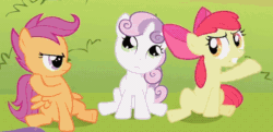 Size: 700x339 | Tagged: safe, imported from derpibooru, screencap, apple bloom, scootaloo, sweetie belle, earth pony, pegasus, pony, unicorn, lesson zero, season 2, animated, brother and sister, cutie mark crusaders, female, filly, foal, gif, innocent, male, siblings, surprised