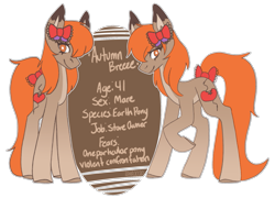 Size: 675x487 | Tagged: safe, artist:raya, imported from derpibooru, oc, oc only, oc:autumn breeze, earth pony, pony, bio, bow, hair bow, simple background, solo, text, transparent background