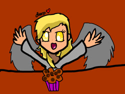 Size: 800x600 | Tagged: safe, artist:derpyhoovesmuffinnom, imported from derpibooru, derpy hooves, human, brown background, clothes, derp, female, food, hands in the air, heart, humanized, muffin, shirt, simple background, smiling, spread wings, table, text, winged humanization, wings