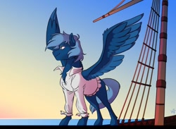Size: 1046x764 | Tagged: safe, artist:ink potts, imported from derpibooru, oc, oc:blue shadow, pegasus, pony, clothes, ship, solo, spread wings, wings