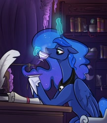 Size: 1212x1397 | Tagged: safe, artist:smirk, imported from derpibooru, princess luna, alicorn, pony, bags under eyes, book, bookshelf, commission, cup, desk, ethereal mane, ethereal tail, female, finished commission, floppy ears, glowing, glowing horn, hoof shoes, horn, lavender, magic, magic aura, mare, missing accessory, peytral, princess shoes, quill, scroll, sitting, slim, solo, study, tail, teacup, telekinesis, tired, wing fluff, wings