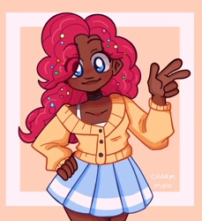 Size: 1230x1342 | Tagged: safe, artist:charmmoo, imported from derpibooru, pinkie pie, human, blackwashing, bra, bra strap, cartoony, clothes, dark skin, female, hand on hip, humanized, looking at you, peace sign, simple background, skirt, solo, underwear