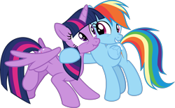 Size: 10430x6473 | Tagged: safe, artist:sollace, derpibooru exclusive, imported from derpibooru, rainbow dash, twilight sparkle, alicorn, pegasus, pony, stranger than fan fiction, .svg available, cute, duo, full body, hug, looking at each other, looking at someone, scrunchy face, smiling, svg, twilight sparkle (alicorn), vector