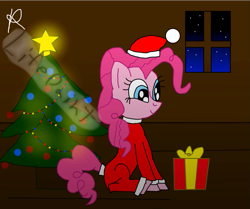 Size: 977x816 | Tagged: safe, artist:lifepaint, imported from derpibooru, pinkie pie, earth pony, pony, christmas, christmas lights, christmas tree, clothes, costume, female, hat, holiday, mare, night, present, santa claus, santa costume, santa hat, signature, sitting, smiling, solo, stars, text, tree, window