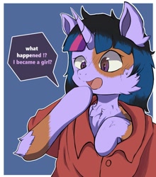 Size: 1319x1500 | Tagged: safe, artist:rataros, imported from derpibooru, twilight sparkle, human, pony, unicorn, bust, clothes, human to pony, male to female, open mouth, oversized clothes, oversized shirt, rule 63, shirt, shocked, speech bubble, transformation, transgender transformation, wide eyes