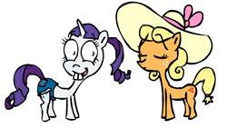 Size: 1064x598 | Tagged: safe, artist:corwin, imported from derpibooru, applejack, rarity, earth pony, pony, unicorn, simple ways, 2012, alternate hairstyle, applejewel, bucktooth, clothes, daisy dukes, duo, female, hat, hilarious in hindsight, ponytail, rarihick, shorts, simple background, white background