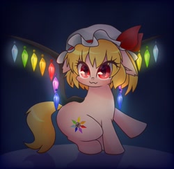 Size: 2048x1987 | Tagged: safe, artist:namaenonaipony, imported from derpibooru, pony, abstract background, anime, cute, dark background, eye clipping through hair, female, flandre scarlet, glowing, hat, looking at you, ponified, raised hoof, solo, touhou