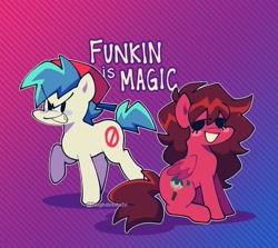 Size: 1748x1559 | Tagged: safe, artist:hughdebeste, imported from derpibooru, earth pony, pegasus, pony, baseball cap, blue hair, boyfriend (friday night funkin), cap, duo, friday night funkin', girlfriend (friday night funkin), grin, gritted teeth, hat, ponified, smiling, teeth