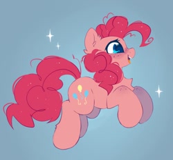 Size: 782x726 | Tagged: safe, artist:mirtash, imported from derpibooru, pinkie pie, earth pony, pony, blue background, cute, diapinkes, ear fluff, female, happy, jumping, mare, open mouth, open smile, profile, simple background, smiling, solo, sparkles