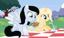 Size: 1280x753 | Tagged: safe, artist:cindystarlight, imported from derpibooru, oc, oc only, oc:lucy ghost, oc:sandy sunny, pegasus, pony, unicorn, base used, eating, female, food, lying down, mare, picnic blanket, prone, sandwich