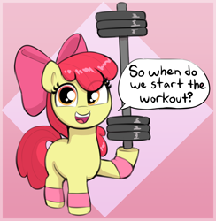 Size: 1654x1692 | Tagged: safe, artist:heretichesh, imported from derpibooru, apple bloom, earth pony, pony, apple bloom's bow, barbell, bow, clothes, dialogue, female, filly, foal, hair bow, leg warmers, open mouth, solo, speech bubble, weights