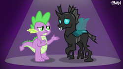 Size: 1920x1080 | Tagged: safe, artist:banquo0, imported from derpibooru, spike, thorax, the times they are a changeling, duo, male, simple background