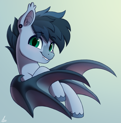 Size: 1929x1959 | Tagged: safe, artist:luminousdazzle, imported from derpibooru, oc, oc only, oc:sugoi, bat pony, pony, bat wings, bust, ear fluff, ear piercing, fangs, fluffy mane, gift art, looking at you, male, piercing, simple background, smiling, smiling at you, solo, unshorn fetlocks, wings