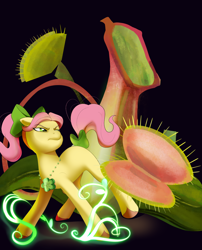 Size: 1970x2436 | Tagged: safe, artist:aztrial, imported from derpibooru, earth pony, pony, black background, bow, carnivorous plant, earth pony magic, female, g5, hair bow, jewelry, magic, mare, necklace, pitcher plant, plant, posey bloom, simple background, solo, tail, tail bow, venus flytrap