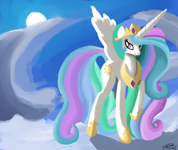 Size: 1688x1425 | Tagged: safe, artist:tazool, imported from derpibooru, princess celestia, alicorn, pony, cloud, female, sky, solo, sun