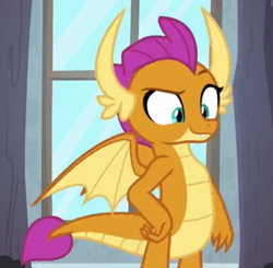 Size: 801x785 | Tagged: safe, imported from derpibooru, screencap, smolder, dragon, molt down, season 8, spoiler:s08, cropped, dragoness, female, hand on hip, raised eyebrow, solo, spread wings, wings