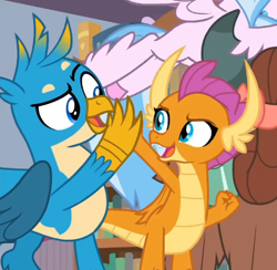 Size: 464x453 | Tagged: safe, imported from derpibooru, screencap, gallus, silverstream, smolder, yona, classical hippogriff, dragon, griffon, hippogriff, yak, what lies beneath, cropped, high five, offscreen character