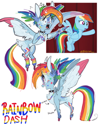 Size: 2967x3716 | Tagged: safe, artist:bluerm, imported from derpibooru, rainbow dash, pegasus, pony, chest fluff, choker, clothes, female, flying, leg warmers, mare, raised hoof, redesign, scene interpretation, screencap reference, spiked choker