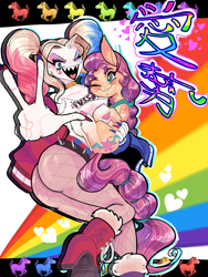 Size: 4500x6000 | Tagged: safe, artist:bluerm, imported from derpibooru, sunny starscout, earth pony, human, pony, 2021, chinese, dc comics, female, g5, harley quinn, holding a pony, mare, old art, one eye closed, peace sign, rainbow, sharp teeth, smiling, teeth, wink