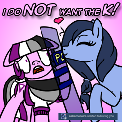 Size: 800x800 | Tagged: safe, artist:thedragenda, imported from derpibooru, oc, oc:ace, oc:amenoire, earth pony, pony, ask-acepony, female, kissing, mare, riot shield