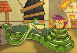 Size: 3146x2172 | Tagged: safe, artist:crafty-cobra, artist:kinipharian, idw, imported from derpibooru, scootaloo, pegasus, pony, snake, spoiler:comic, spoiler:comic16, building, coils, duo, female, filly, fire, foal, hypno eyes, hypnosis fetish, hypnotized, imminent vore, kaa, kaa eyes, male, mind control, outdoors, scene interpretation, well