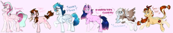 Size: 3320x641 | Tagged: safe, artist:foxklt, imported from twibooru, oc, oc only, oc:apple tart, oc:laffy taffy, oc:snowshoe, oc:starberry sunrise, oc:starset, oc:thunder skies, alicorn, draconequus, earth pony, hybrid, kirin, pegasus, pony, unicorn, cloven hooves, deer tail, female, flying, folded wings, glasses, goggles, goggles on head, image, interspecies offspring, leonine tail, line-up, looking at you, magical lesbian spawn, mare, next generation, offspring, parent:applejack, parent:autumn blaze, parent:cheese sandwich, parent:discord, parent:fluttershy, parent:pinkie pie, parent:rainbow dash, parent:soarin', parent:starlight glimmer, parent:sunset shimmer, parent:tempest shadow, parent:twilight sparkle, parents:autumnjack, parents:cheesepie, parents:discoshy, parents:shimmerglimmer, parents:soarindash, parents:tempestlight, pigtails, pink background, png, simple background, smiling, standing, standing on one leg, tongue out, unshorn fetlocks, wings