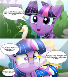 Size: 3120x3510 | Tagged: safe, artist:aryatheeditor, imported from derpibooru, sci-twi, twilight sparkle, oc, oc:nightfall sparkle, alicorn, bird, duck, unicorn, equestria girls, comic, cute, daughter, digital art, element of magic, female, geode of telekinesis, glasses, headcanon, magical geodes, midnight sparkle, mother and child, mother and daughter, powerful sparkle, purple hair, reformed villain, smiling, twiabetes